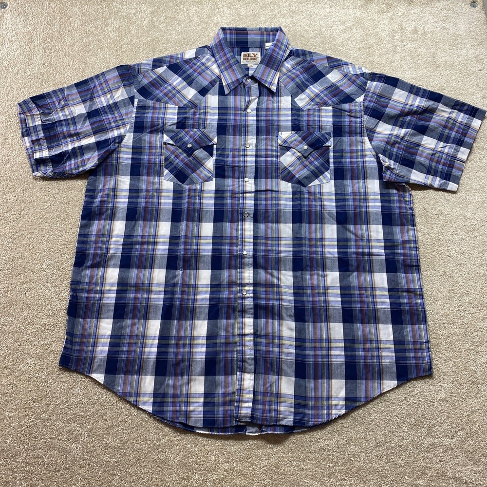 ELY Cattleman Men's Dress Shirt 2XL Blue Plaid Cotton Polyester